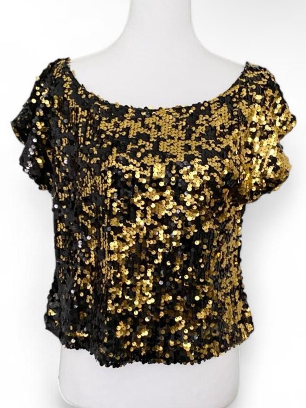 Vintage Sequin Black and Gold Two Tone Scoop Neck Top